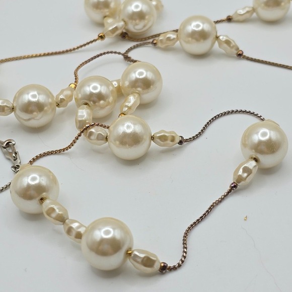 Vintage Synthetic Pearl Long Necklace 14K Gold Plated Elegant Fashion Jewelry - Picture 1 of 7